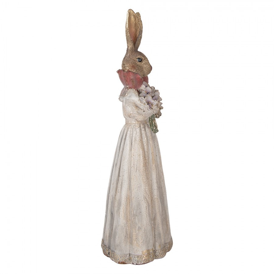 Decoratiune Pasti Doamna Iepuras eleganta cu buchet de flori, model antichizat, 53 cm