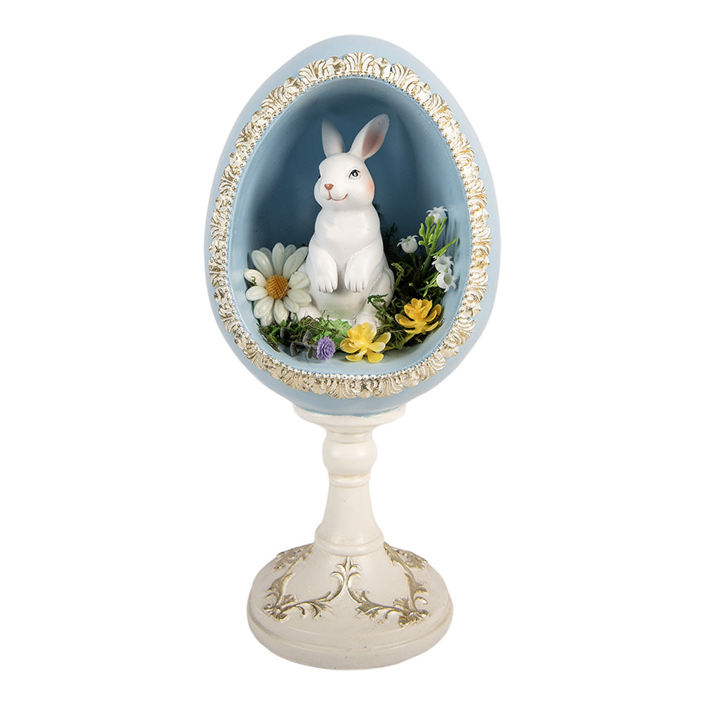 Decoratiune Pasti iepuras in rama ou cu suport decorata cu flori, 28 cm