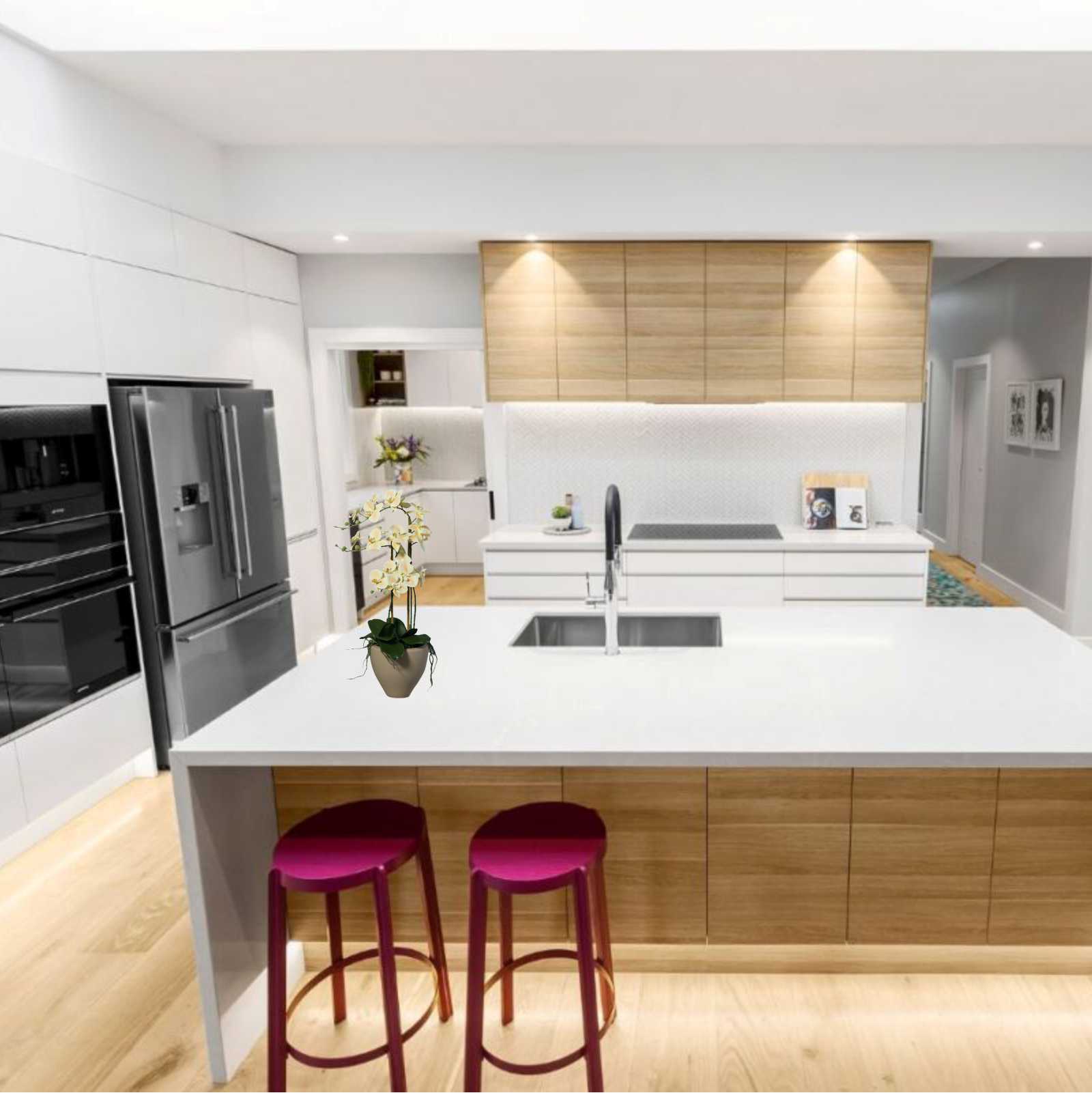 Orhidee artificiala Phalaenopsis crem cu aspect 100% natural in vas ceramic, 70 cm