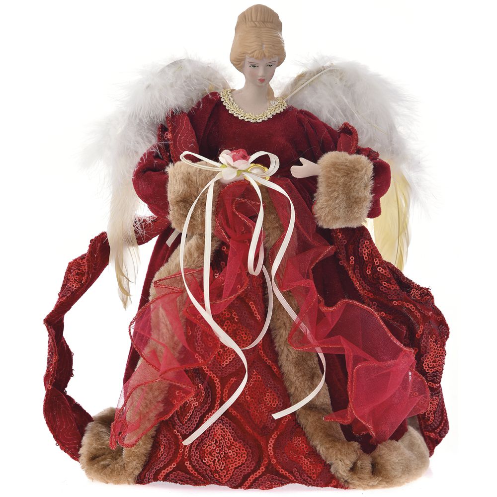 Varf de brad in forma de inger imbracat in rochie burgundy de treizeci de centimetri pentru decorul festiv al pomului de Craciun