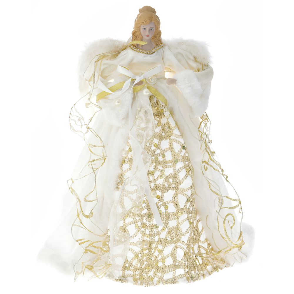Varf de brad in forma de inger cu rochie ivory si detalii aurii de 45 cm inaltime