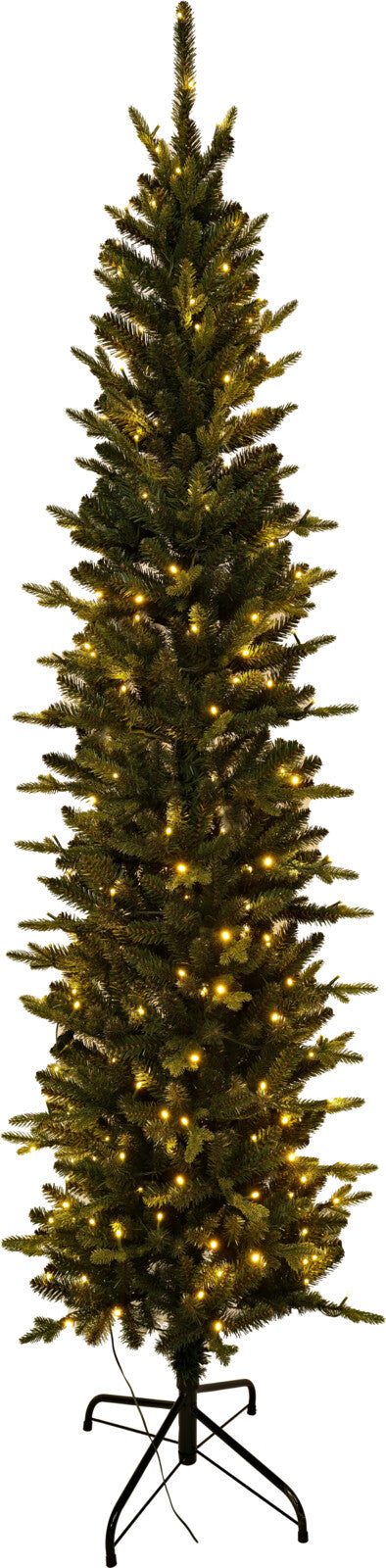 Brad de Craciun artificial ingust cu instalatie luminoasa LED integrata si suport metalic
