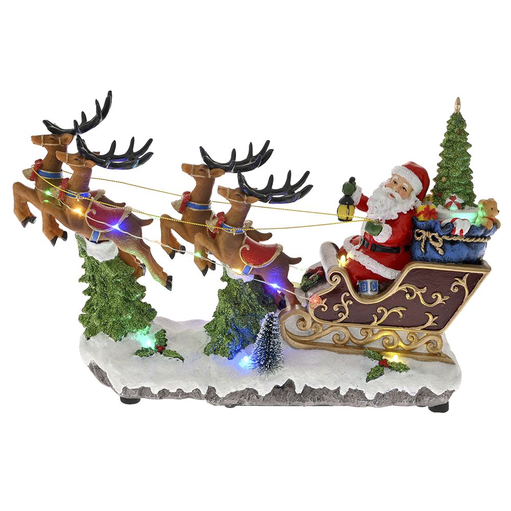 Decoratiune de Craciun animata si muzicala infatisand sania lui Mos Craciun cu lumini integrate