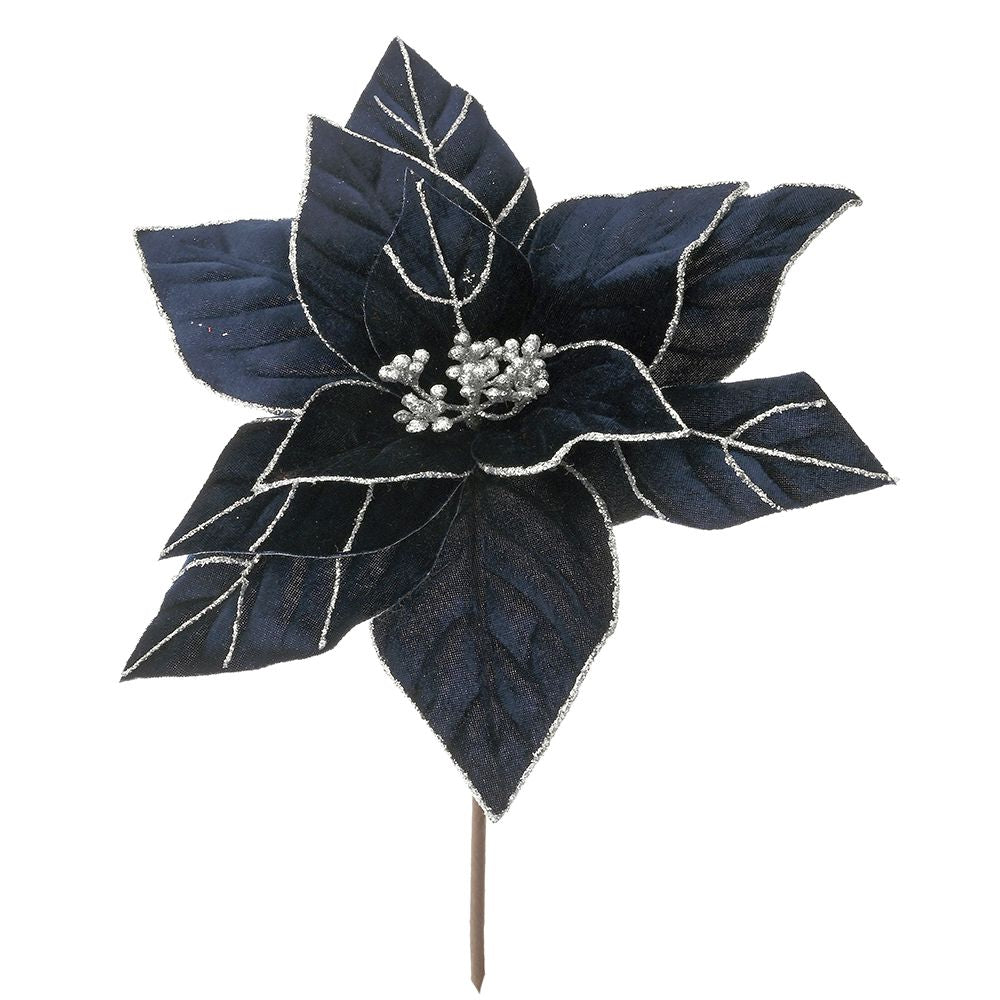 Decoratiune de brad in forma de floare de craciunita albastra cu detalii stralucitoare de sclipici