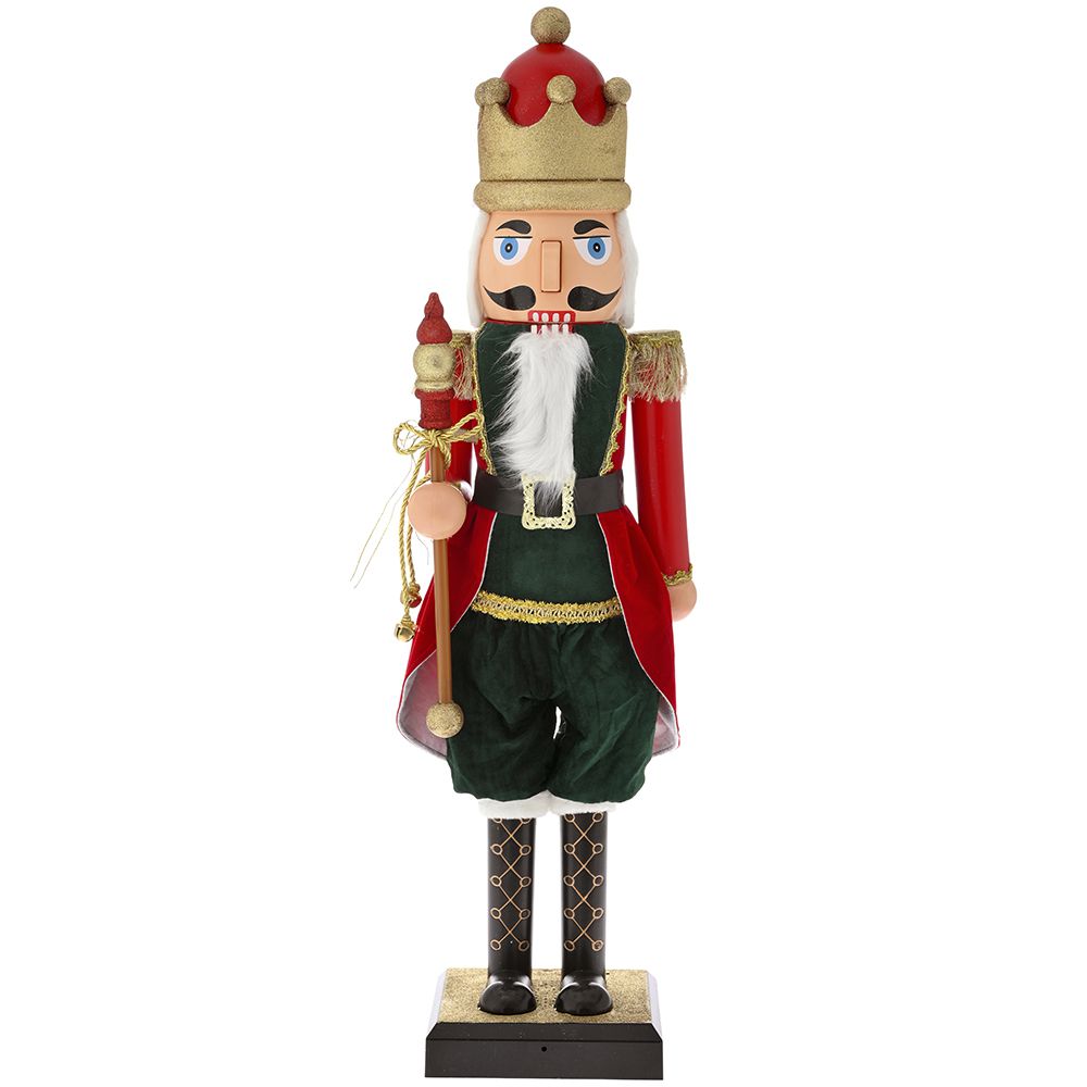 Statueta decorativa spargator de nuci rege cu sceptru in culori rosu si verde inaltime o suta zece centimetri pentru decor de Craciun