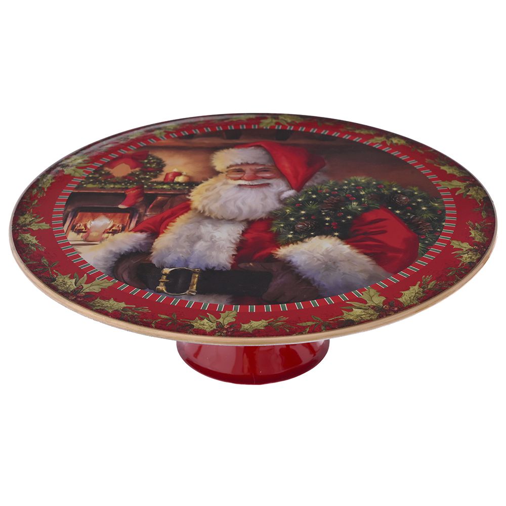 Platou rosu rotund de Craciun pentru servirea prajiturilor si dulciurilor festive de sarbatori