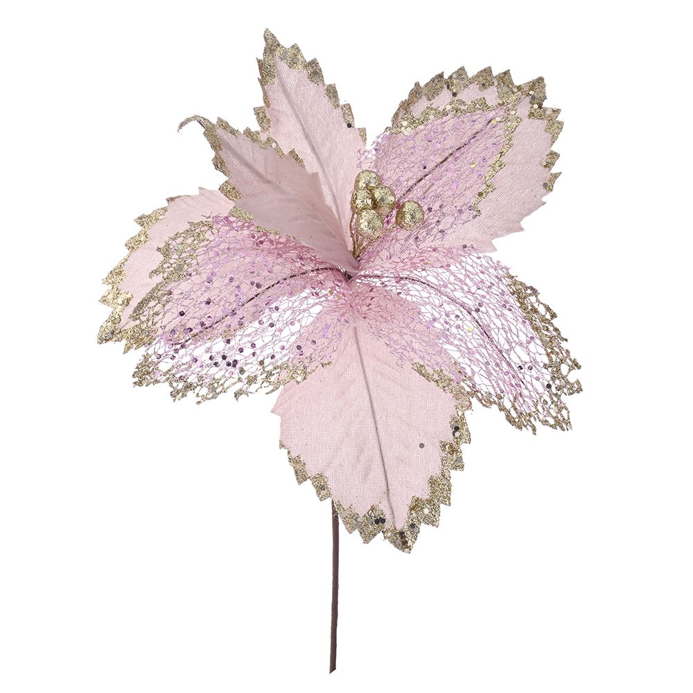 Decoratiune de Craciun in forma de floare roz de mari dimensiuni cu detalii stralucitoare din sclipici auriu pentru brad