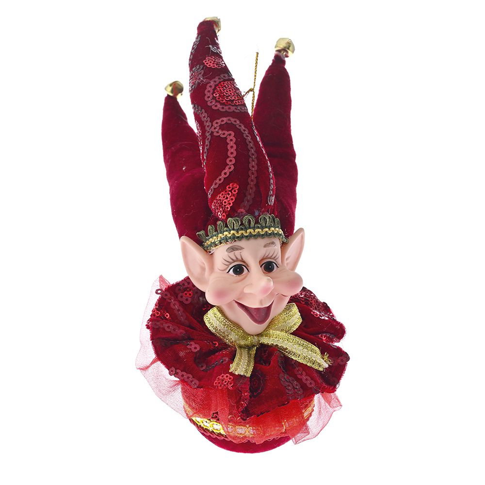 Decoratiune de brad in forma de glob visiniu cu cap de spiridus de douazeci si cinci centimetri