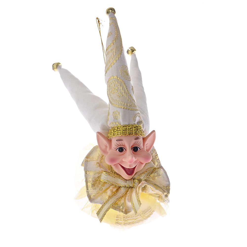 Decoratiune de brad tip glob cu cap de spiridus de culoare alb cu auriu de douazecisicinci centimetri
