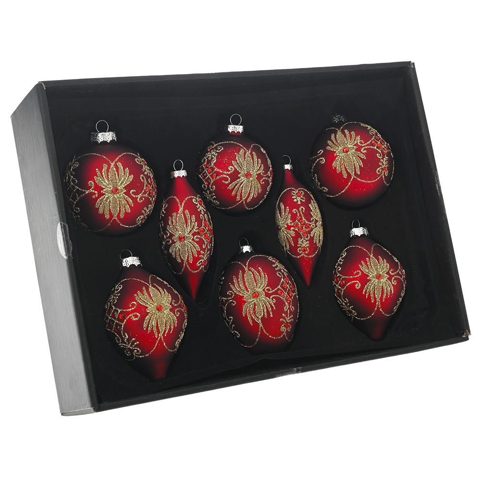Set de opt globuri rosii mate din sticla decorate cu sclipici stralucitor avand dimensiuni diferite pentru bradul de Craciun