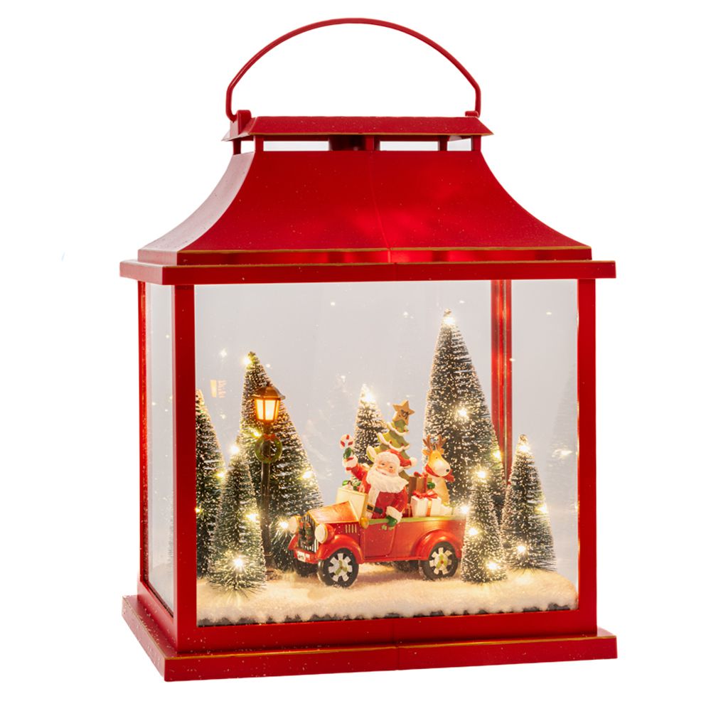 Decoratiune de Craciun tip felinar rosu cu figurina Mos Craciun si iluminare LED interiora