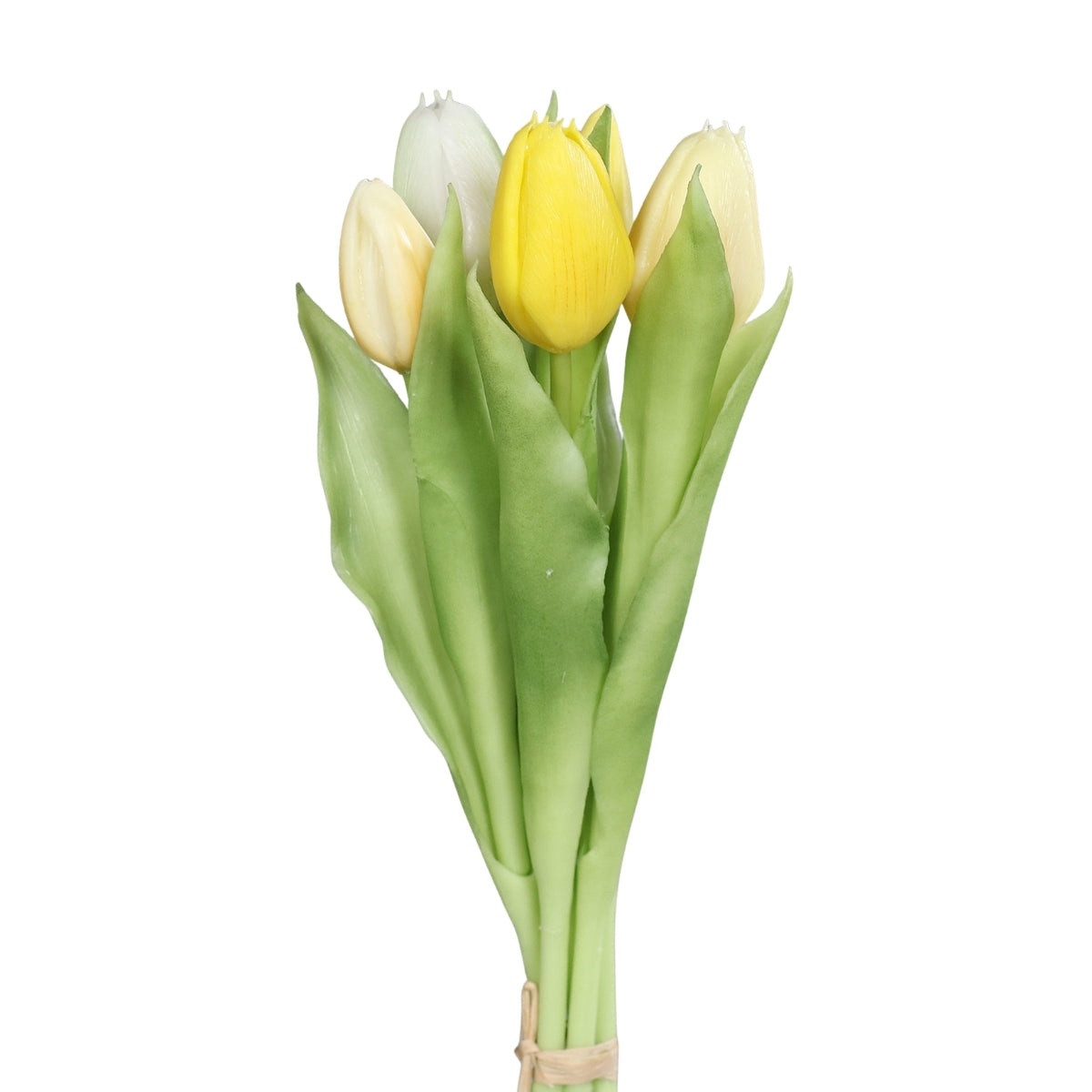 Buchet de 5 lalele artificiale cu aspect real, galbene si crem, 31 cm