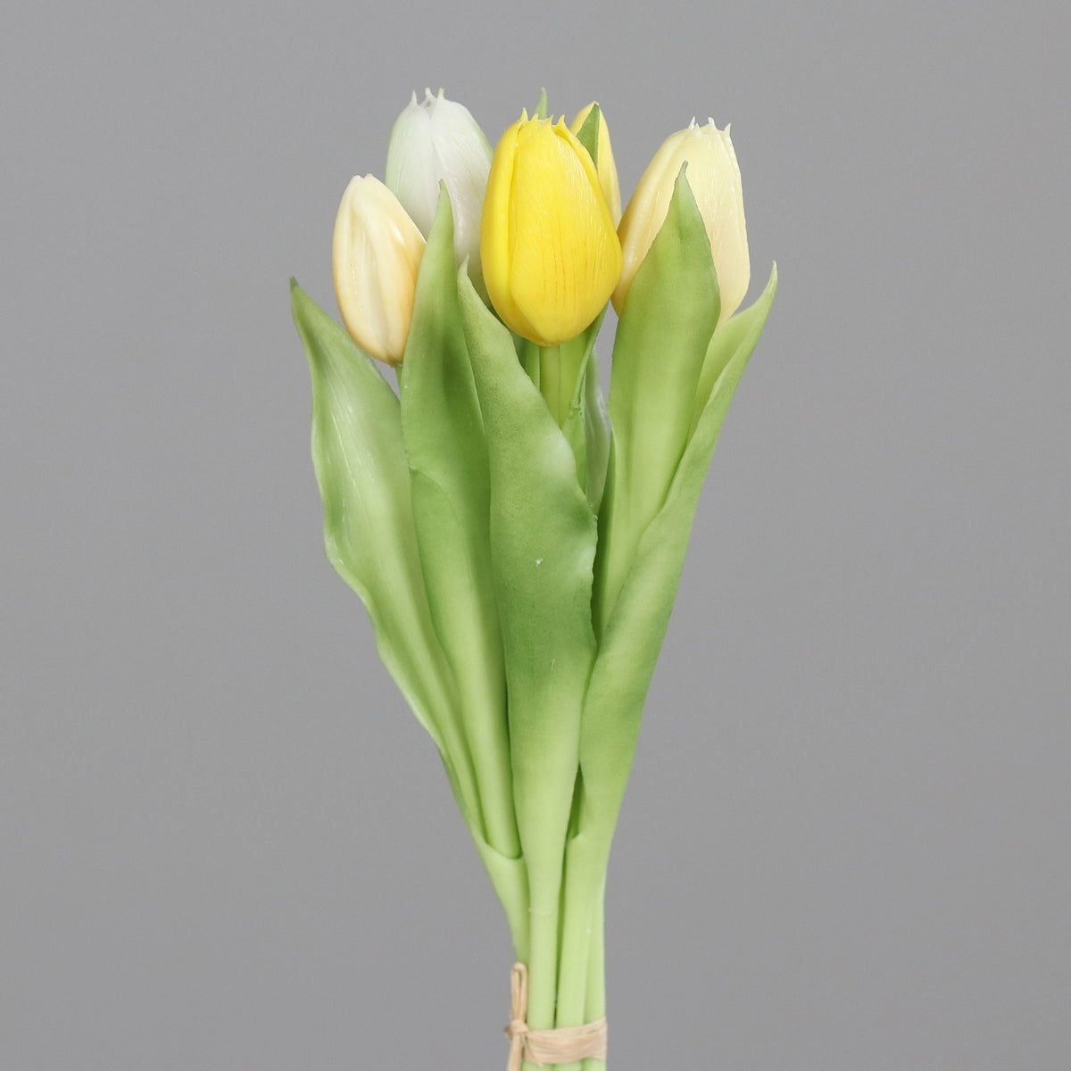 Buchet de 5 lalele artificiale cu aspect real, galbene si crem, 31 cm