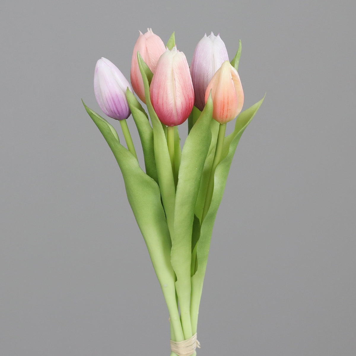 Buchet de 5 lalele artificiale cu aspect real, roz si mov, 31 cm