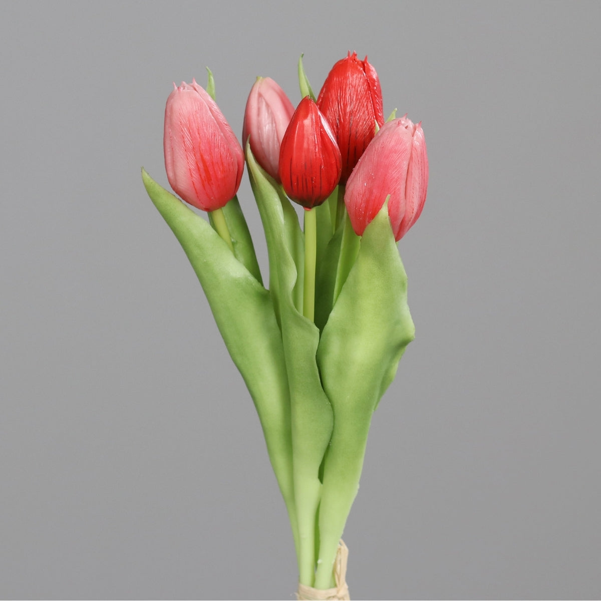 Buchet de 5 lalele artificiale cu aspect real, nuante de rosu, 31 cm