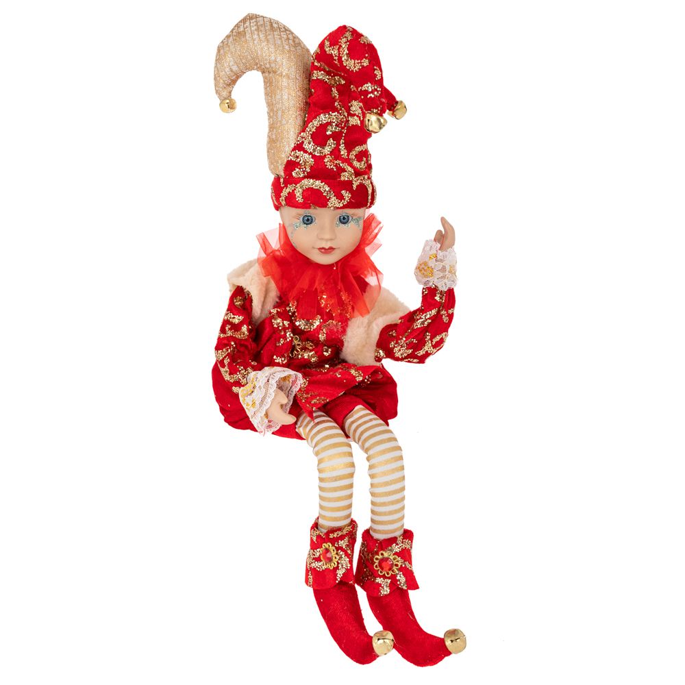 Decoratiune de Craciun reprezentand un bufon in costum rosu cu detalii festive si clopotei