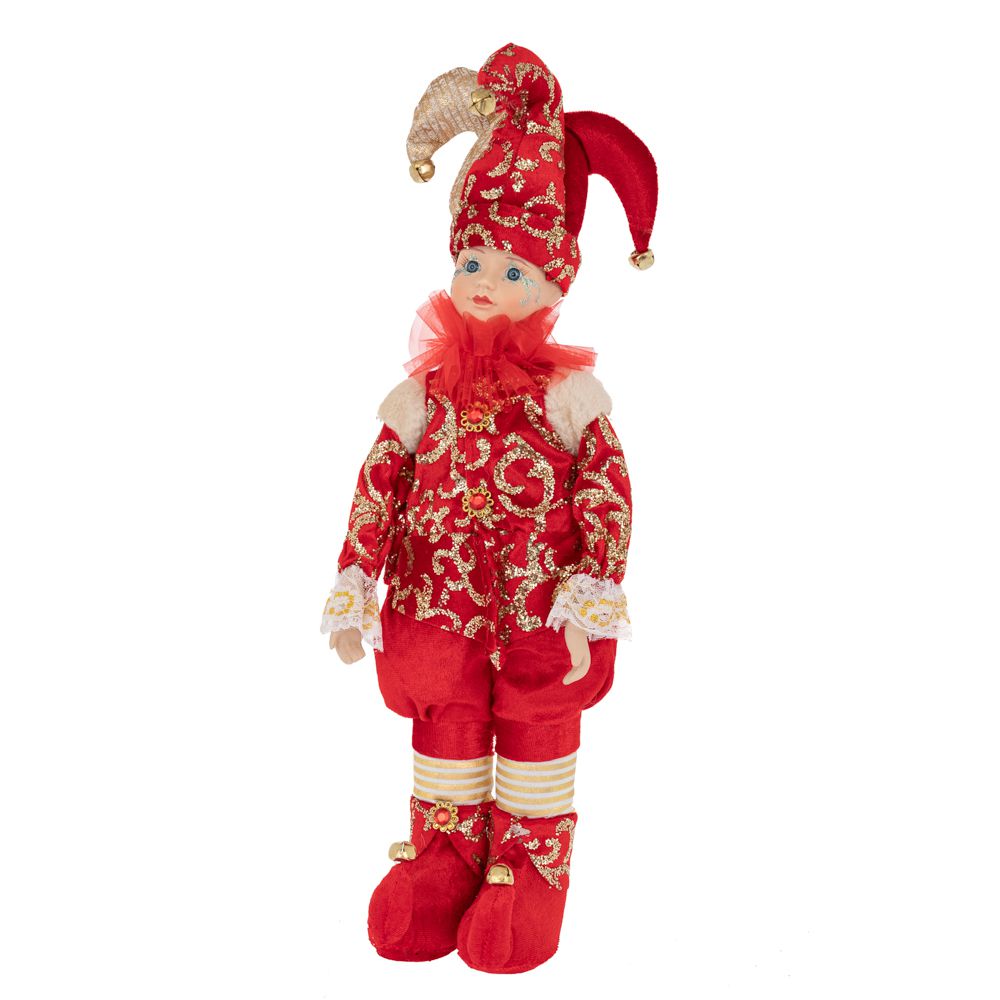 Decoratiune de Craciun bufon in costum rosu cu sclipici cu muzica si miscare de cincizeci centimetri
