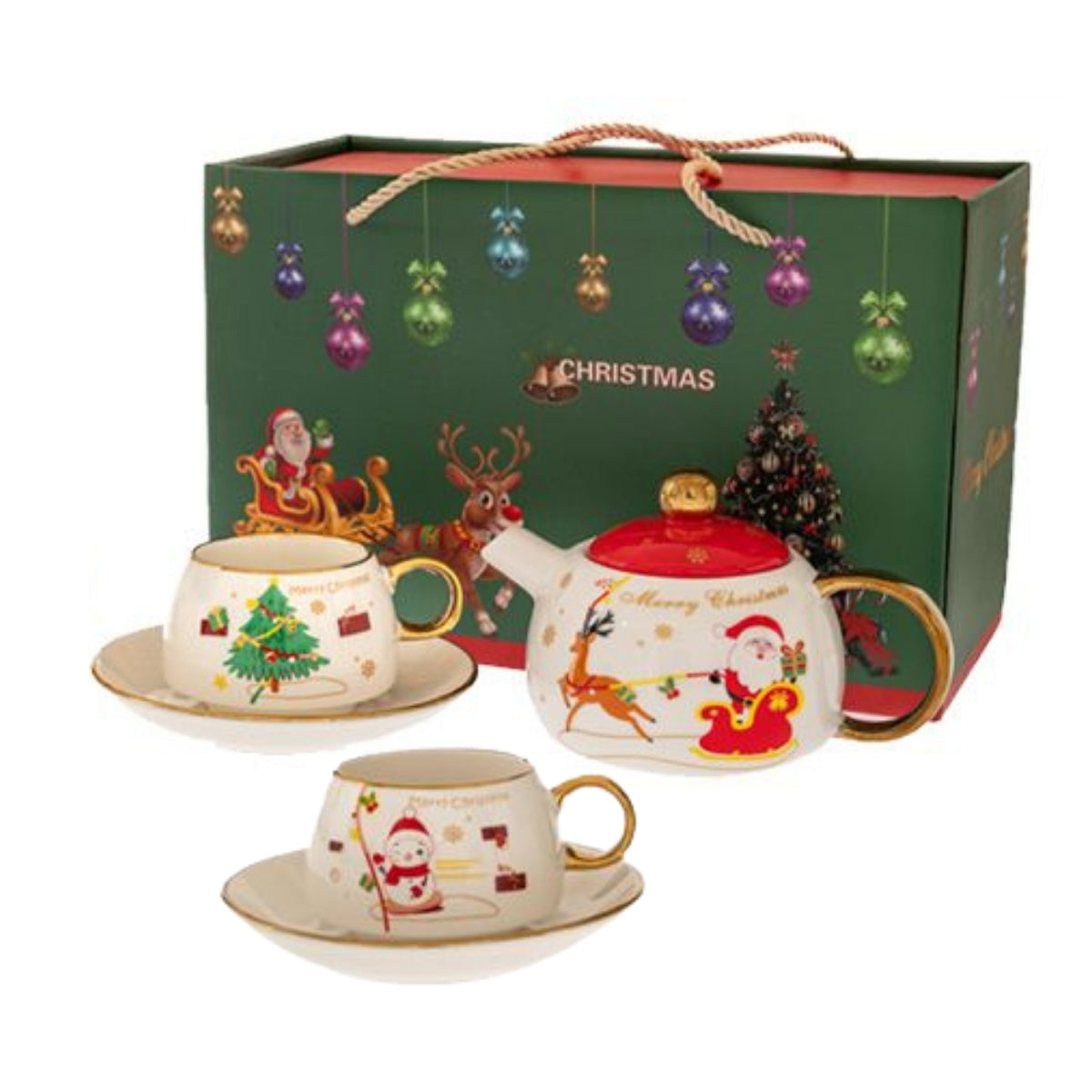 Set ceainic cu doua cani decorative de Craciun de culoare alba in cutie cadou