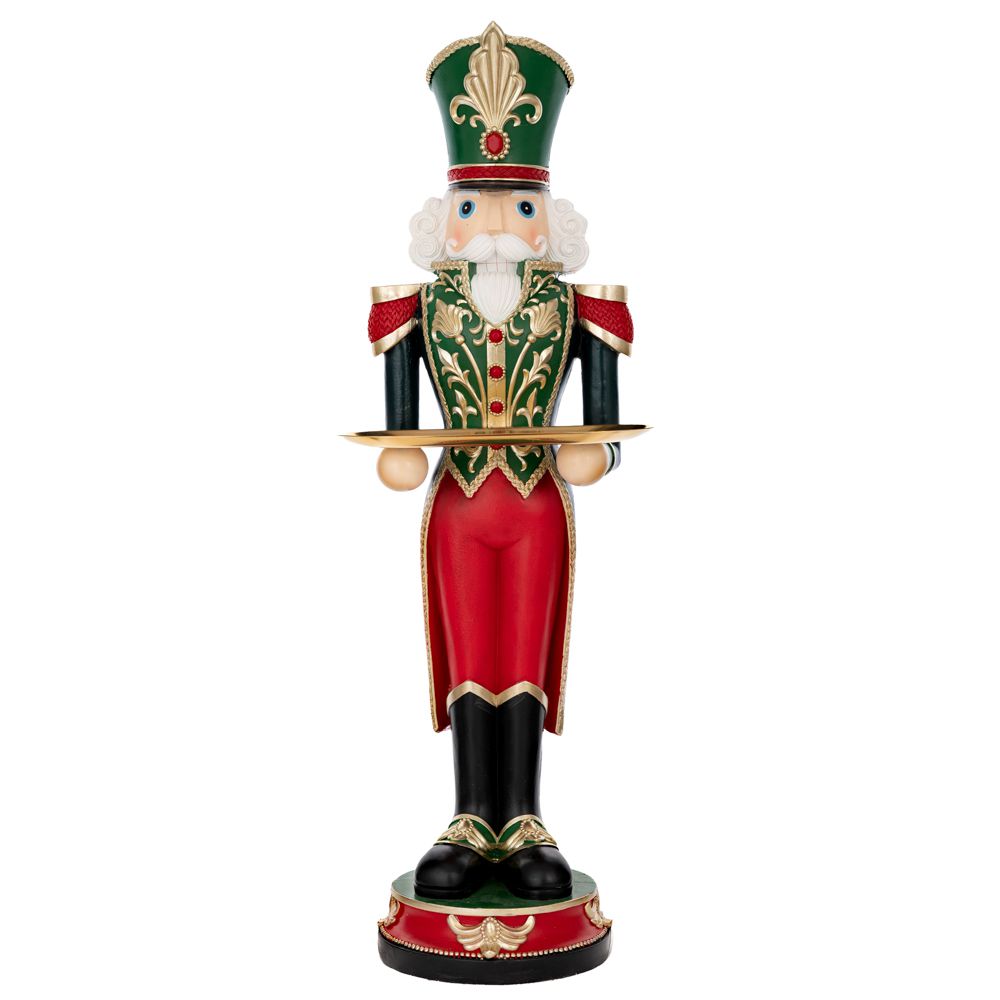 Spargator de nuci ofiter din polirasina in culori rosu verde si auriu cu inaltimea de nouazeci centimetri tinand un platou decorativ