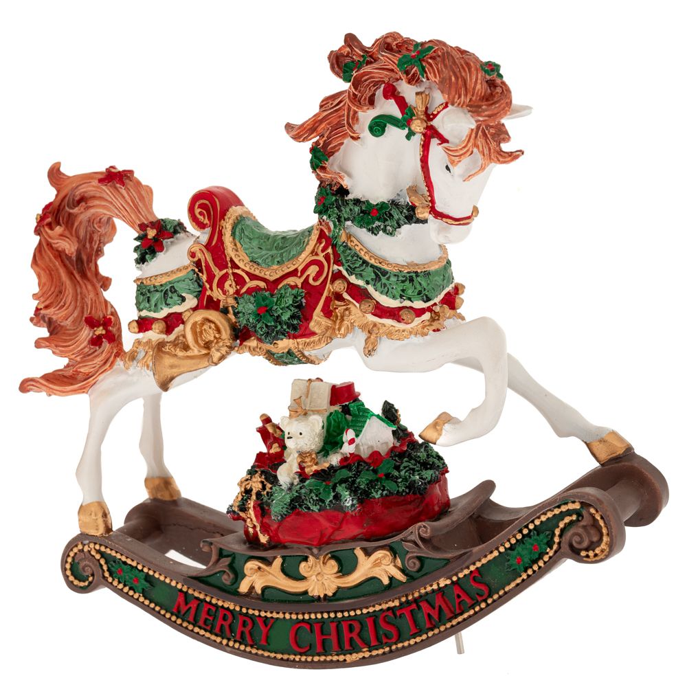 Decoratiune de Craciun calut balansoar muzical de 22 cm pentru decorul festiv al casei
