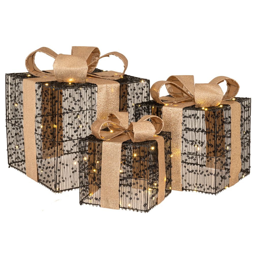 Set de trei cutii de cadou decorative pentru Craciun iluminate cu leduri de dimensiuni diferite