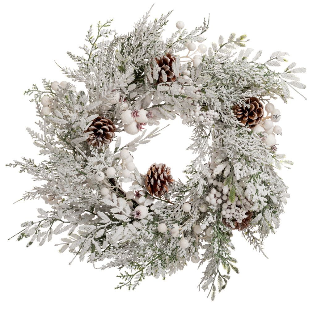 Coronita de brad artificial ninsa cu conuri si merisoare albe pentru decor de Craciun diametru 40 cm