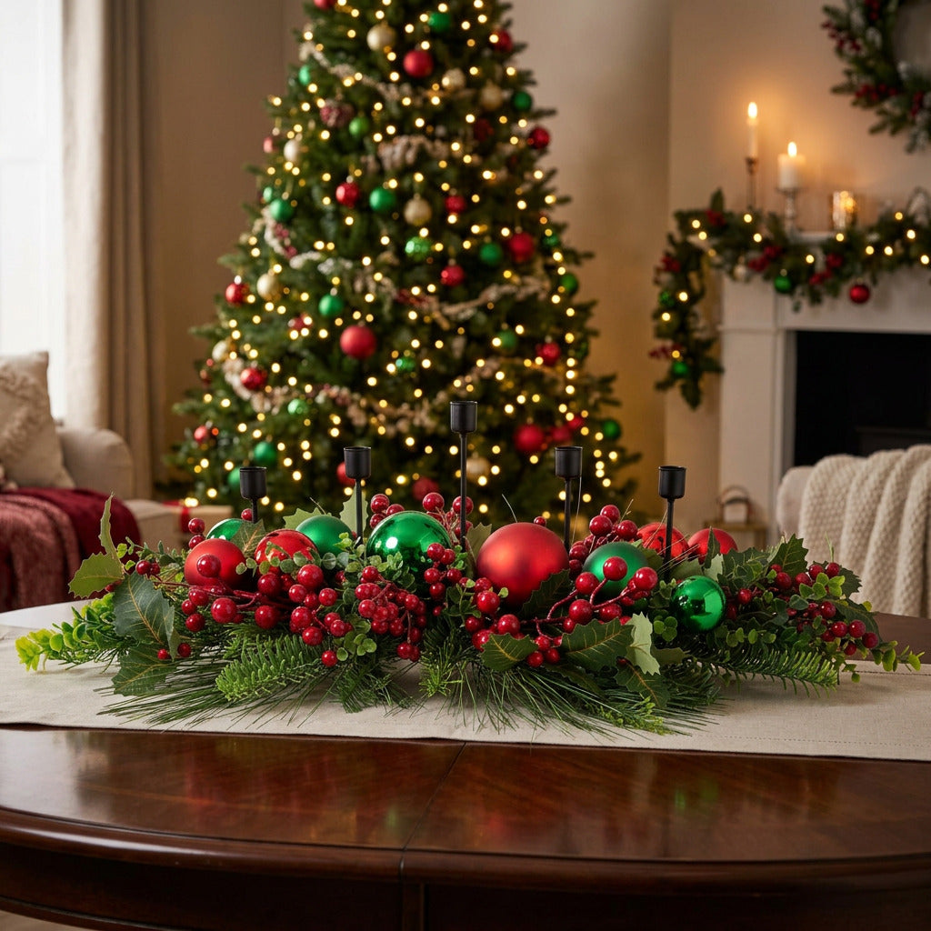 Decoratiune Craciun suport lumanari verde cu merisoare rosii si globuri verzi, 75 cm