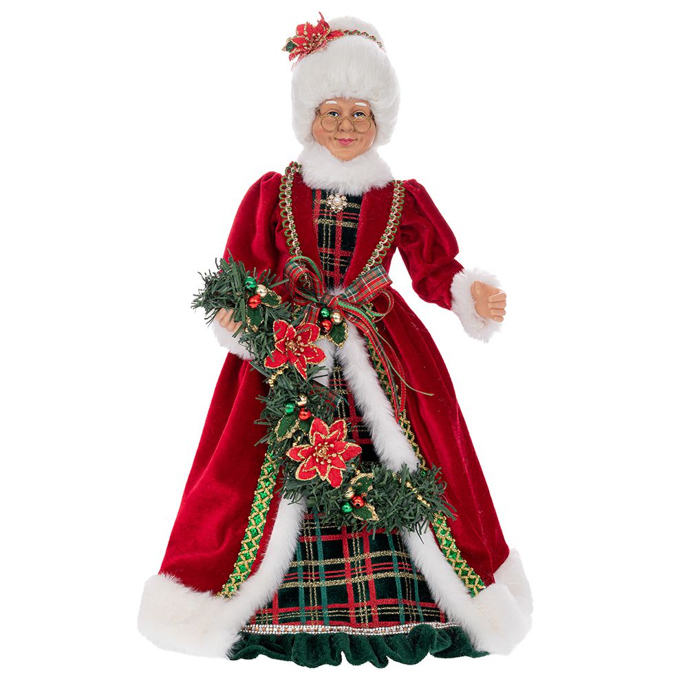 figurina doamna craciun cu haina rosie si ghirlanda in mana 45 cm