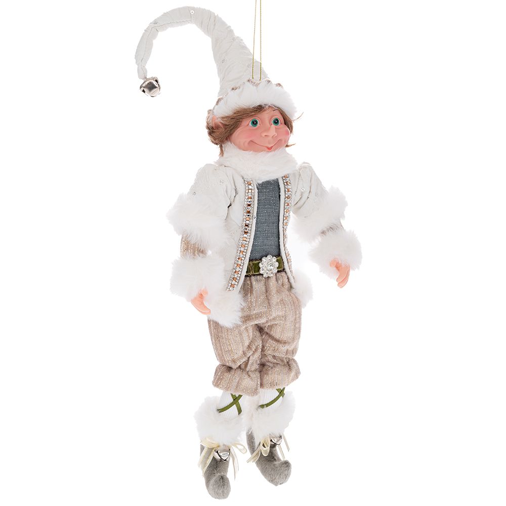 Decoratiune de brad in forma de spiridus cu detalii albe si aurii de 30 cm inaltime
