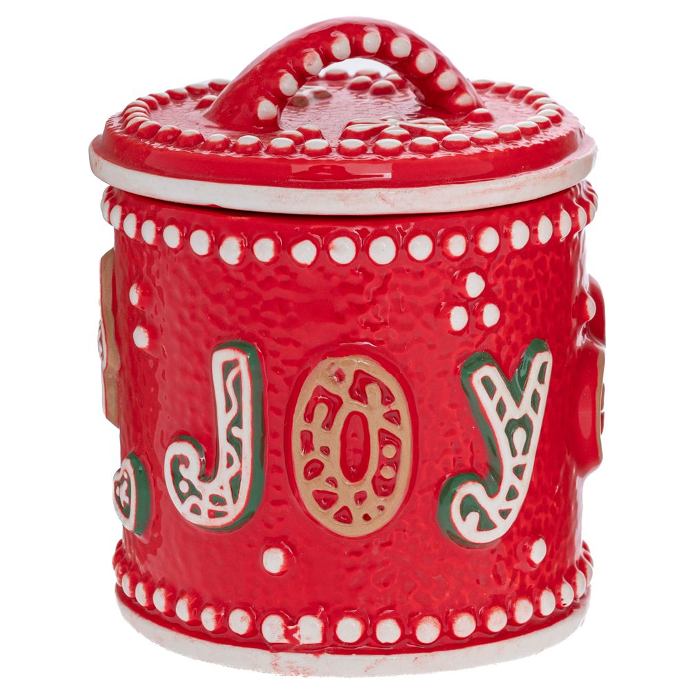 Bol decorativ rosu cu capac pentru Craciun din ceramica pe masa festiva