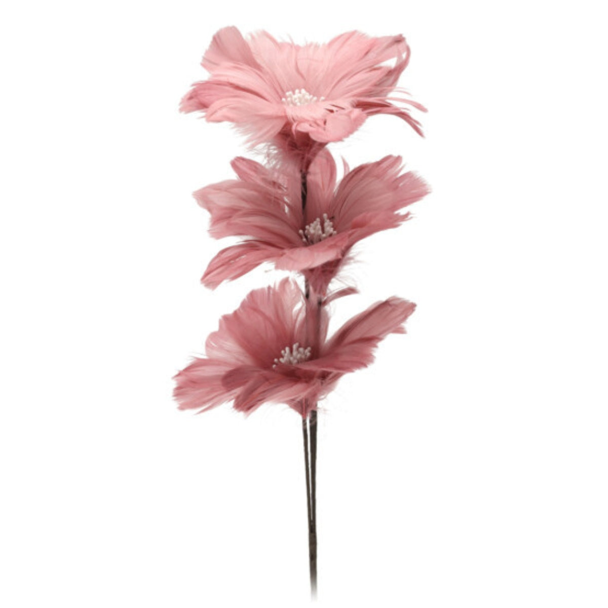 Decoratiune pentru brad de Craciun sub forma de crenguta roz cu trei flori de magnolie realizate din pene lungime saizeci si cinci centimetri