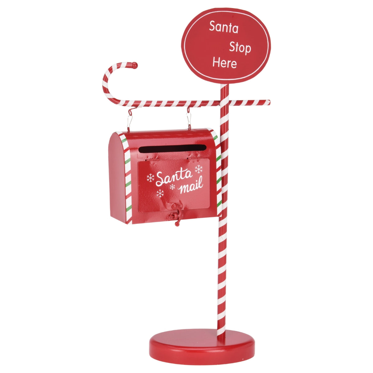 Decoratiune cutie postala Mos Craciun, cu picior, metalica, 49 cm