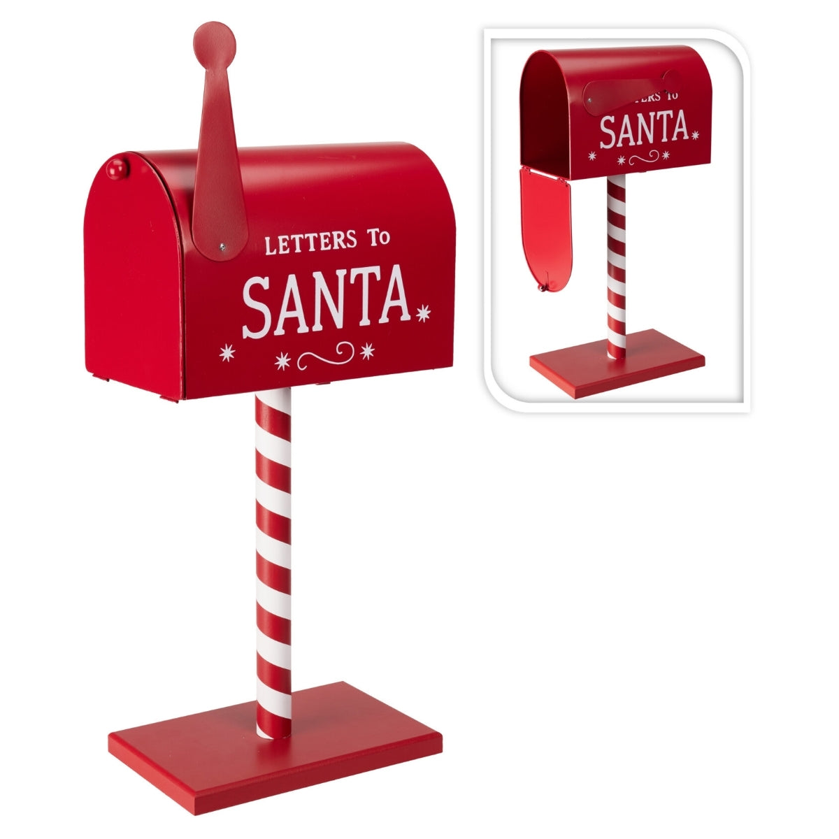 Decoratiune cutie postala Mos Craciun, cu picior, metalica, 50 cm