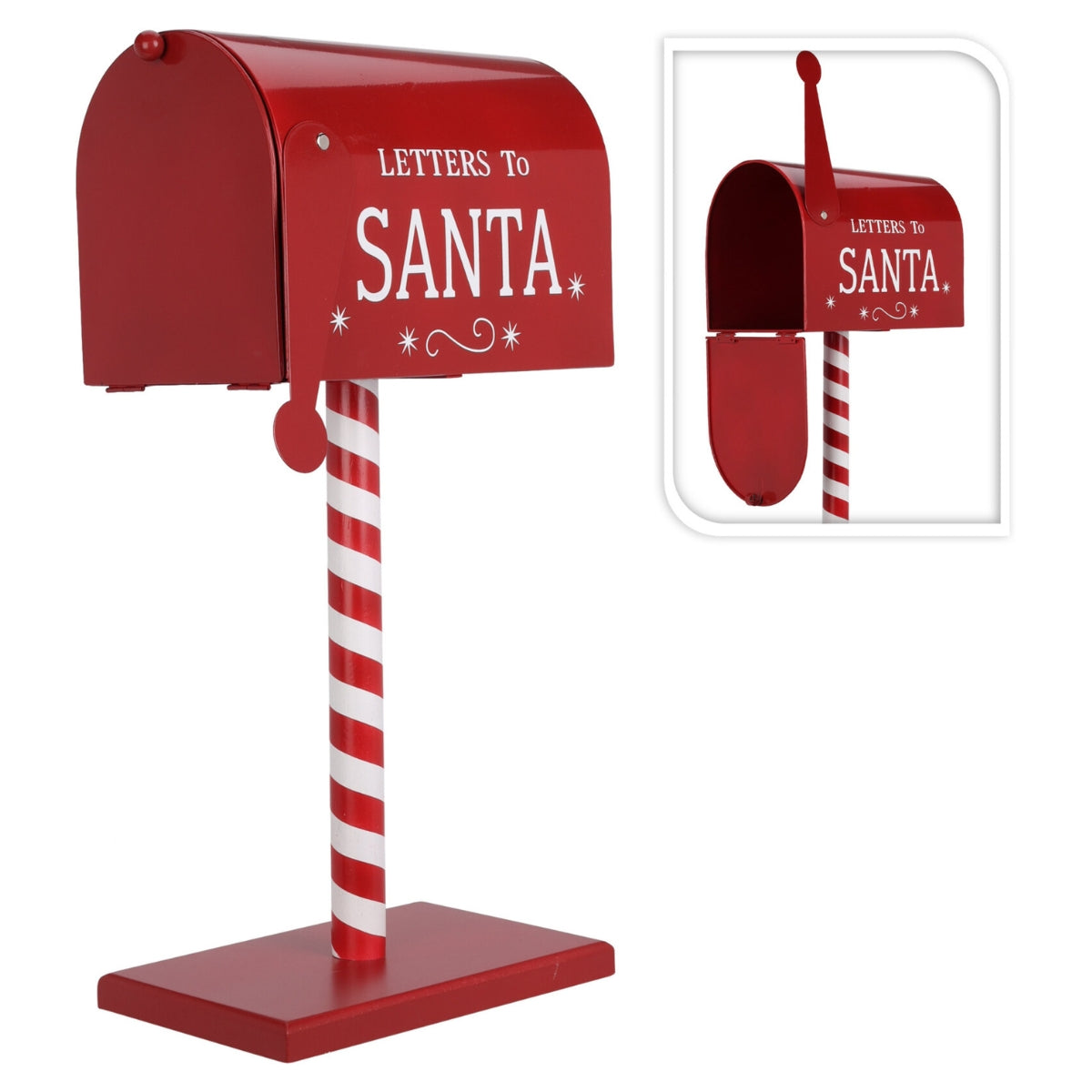 Decoratiune cutie postala Mos Craciun, din metal cu picior de lemn, 51 cm