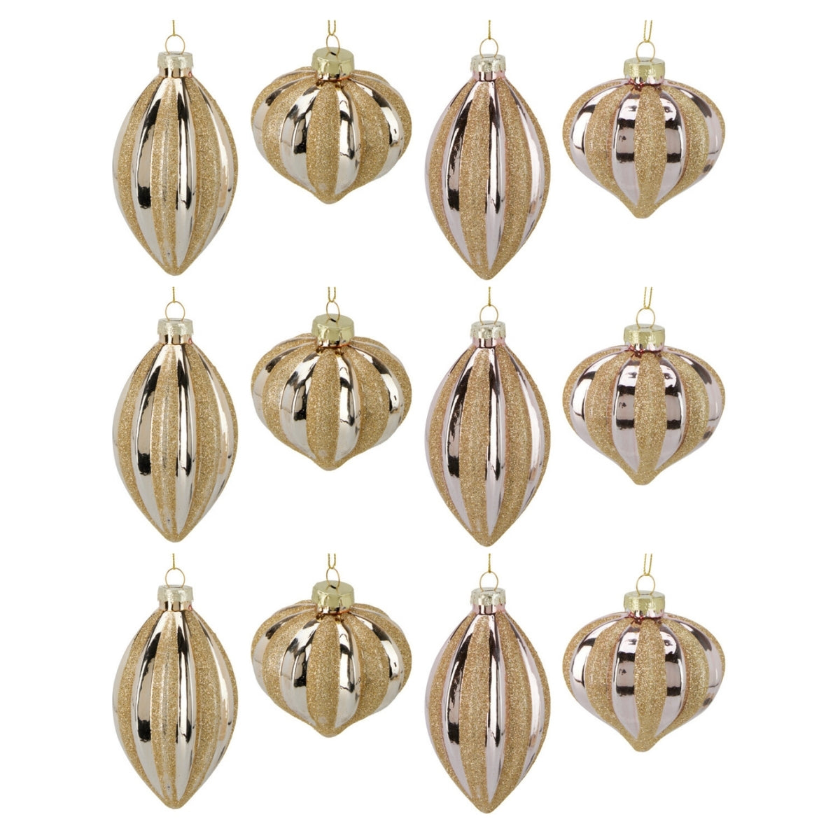 Set 12 globuri din sticla, aurii si rose gold cu sclipici, diametru 6-8 cm