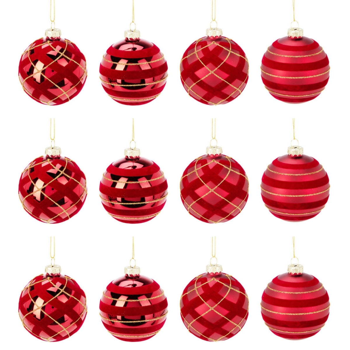 Set 12 globuri din sticla, rosii cu modele de catifea si sclipici, diametru 8 cm