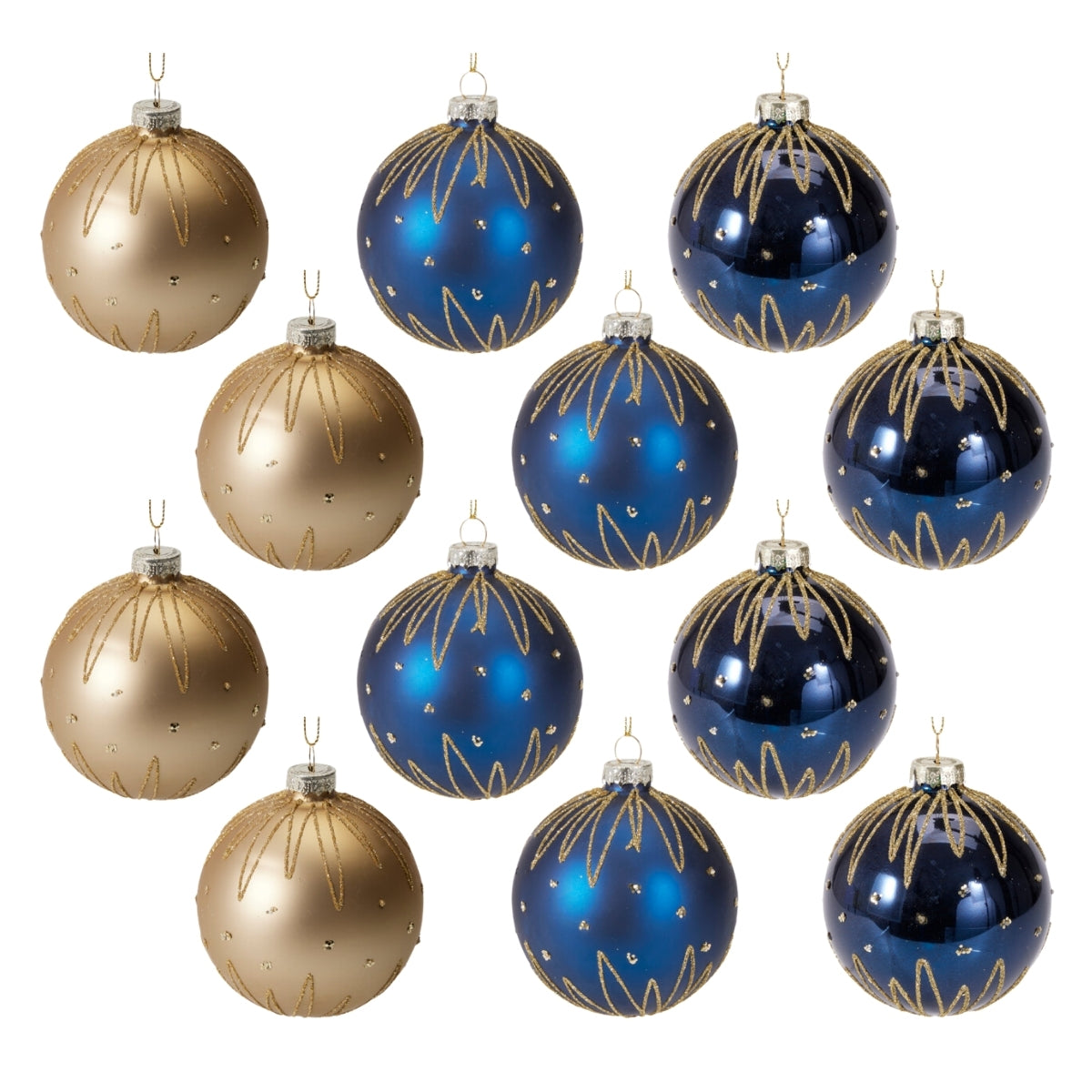 Set de douasprezece globuri rotunde din sticla in nuante de albastru si auriu decorate cu modele geometrice din sclipici stralucitor pentru bradul de Craciun