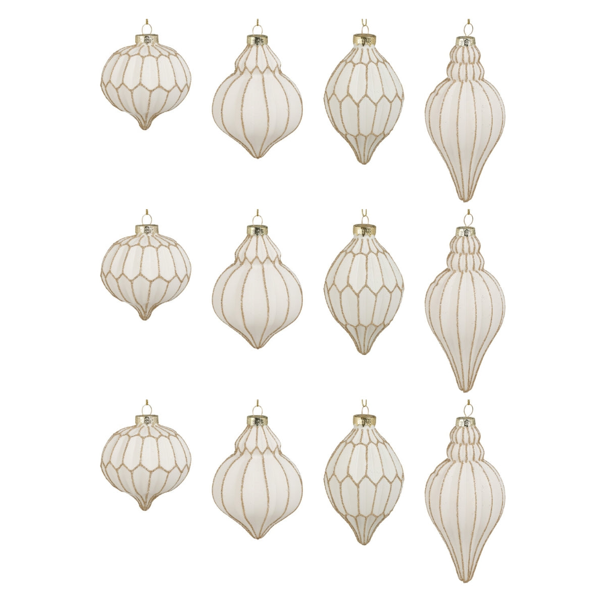 Set 12 globuri conice din sticla alba cu finisaje aurii, diametru 7 cm