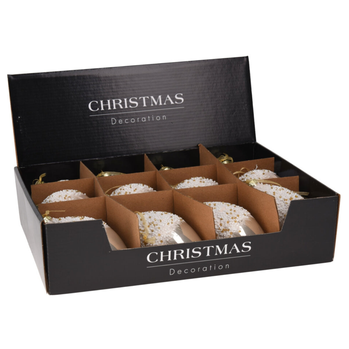 Set de douasprezece globuri rotunde din sticla de culoare crem decorate cu glazura din margele marunte stralucitoare