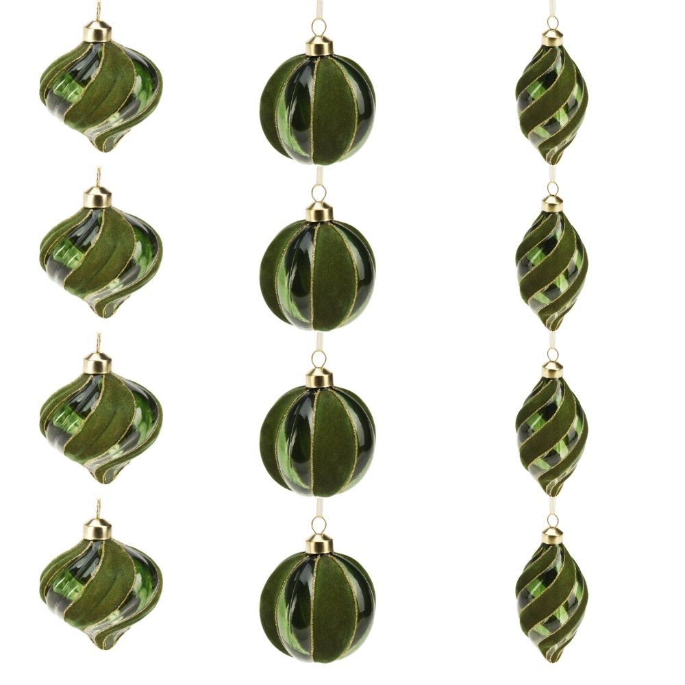 Set 12 globuri de sticla verzi, 3 modele, 8 cm