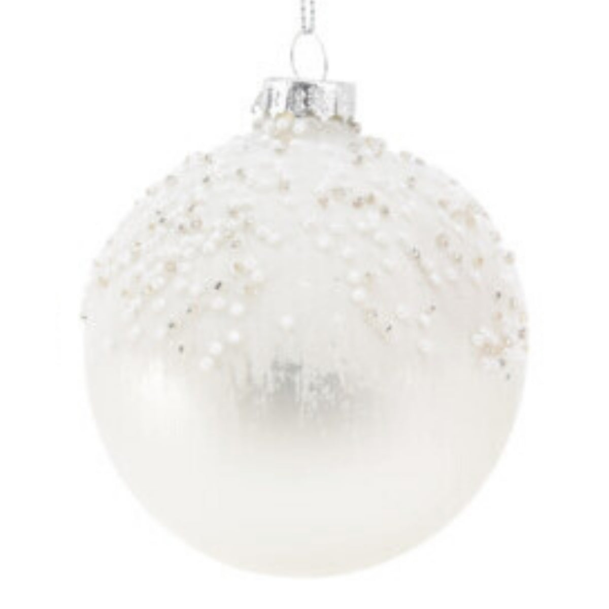 Set 12 globuri din sticla, albe opal decorate cu margele, diametru 8 cm