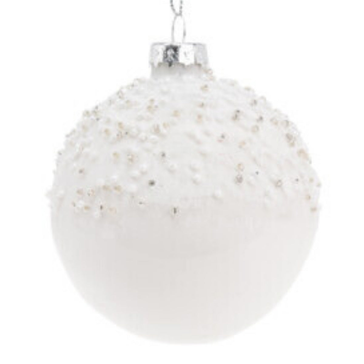 Set 12 globuri din sticla, albe opal decorate cu margele, diametru 8 cm