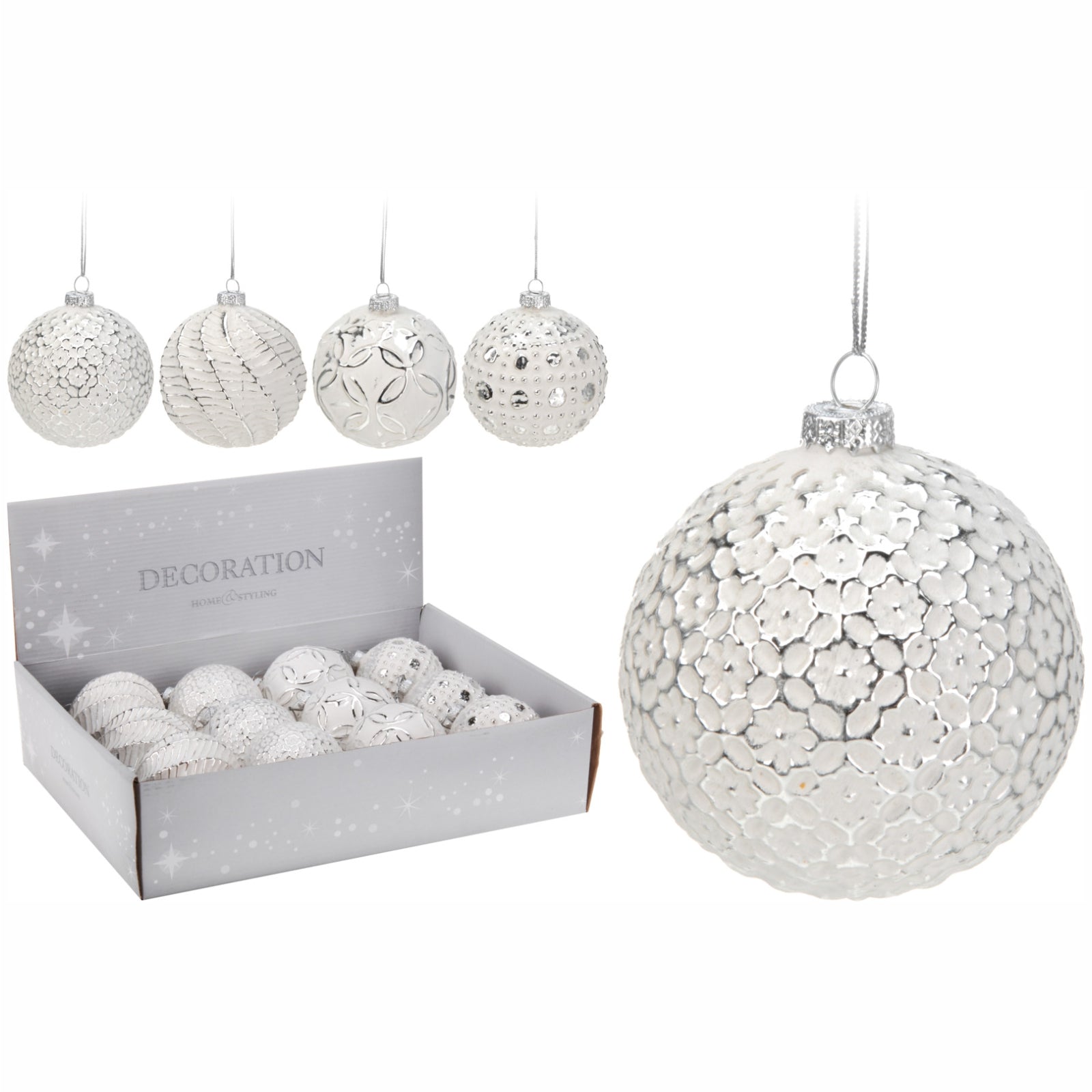 Set 12 globuri din sticla alba cu sclipici argintiu 8 cm