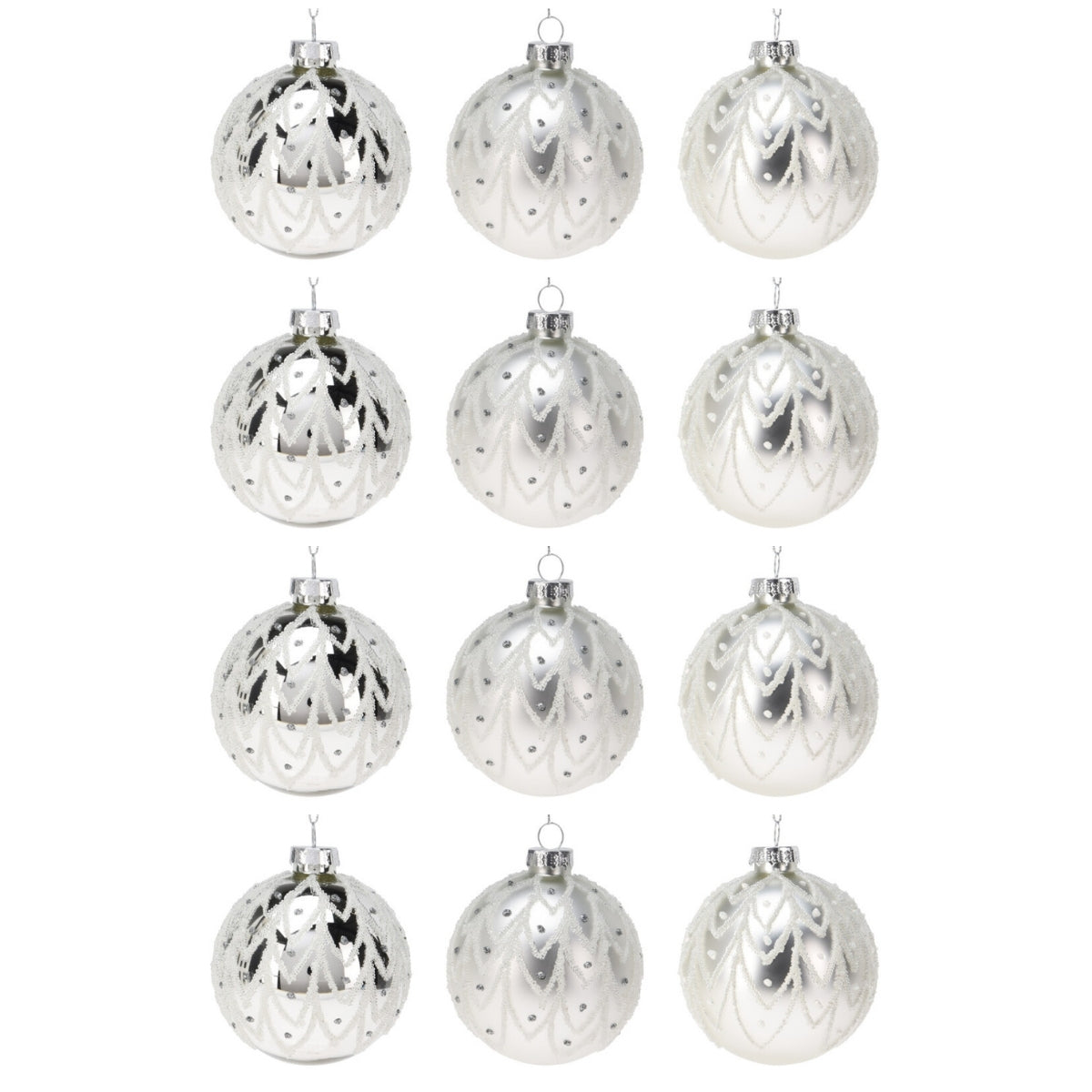 Set 12 globuri din sticla, argintii cu modele cu sclipici, diametru 8 cm