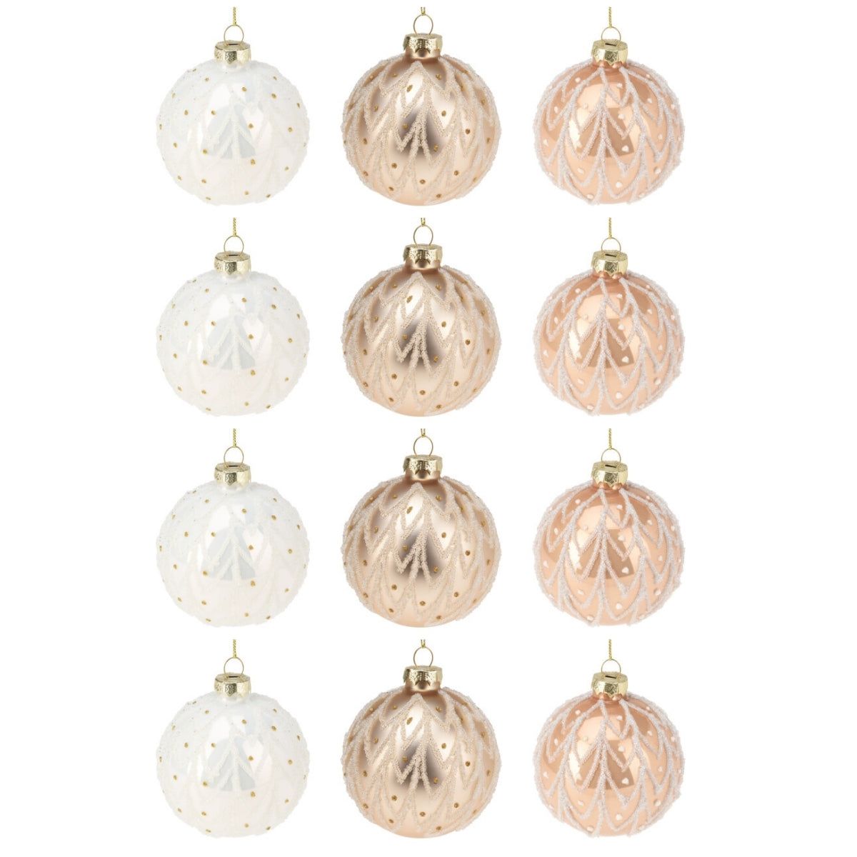Set 12 globuri din sticla, champagne si albe cu sclipici, diametru 8 cm
