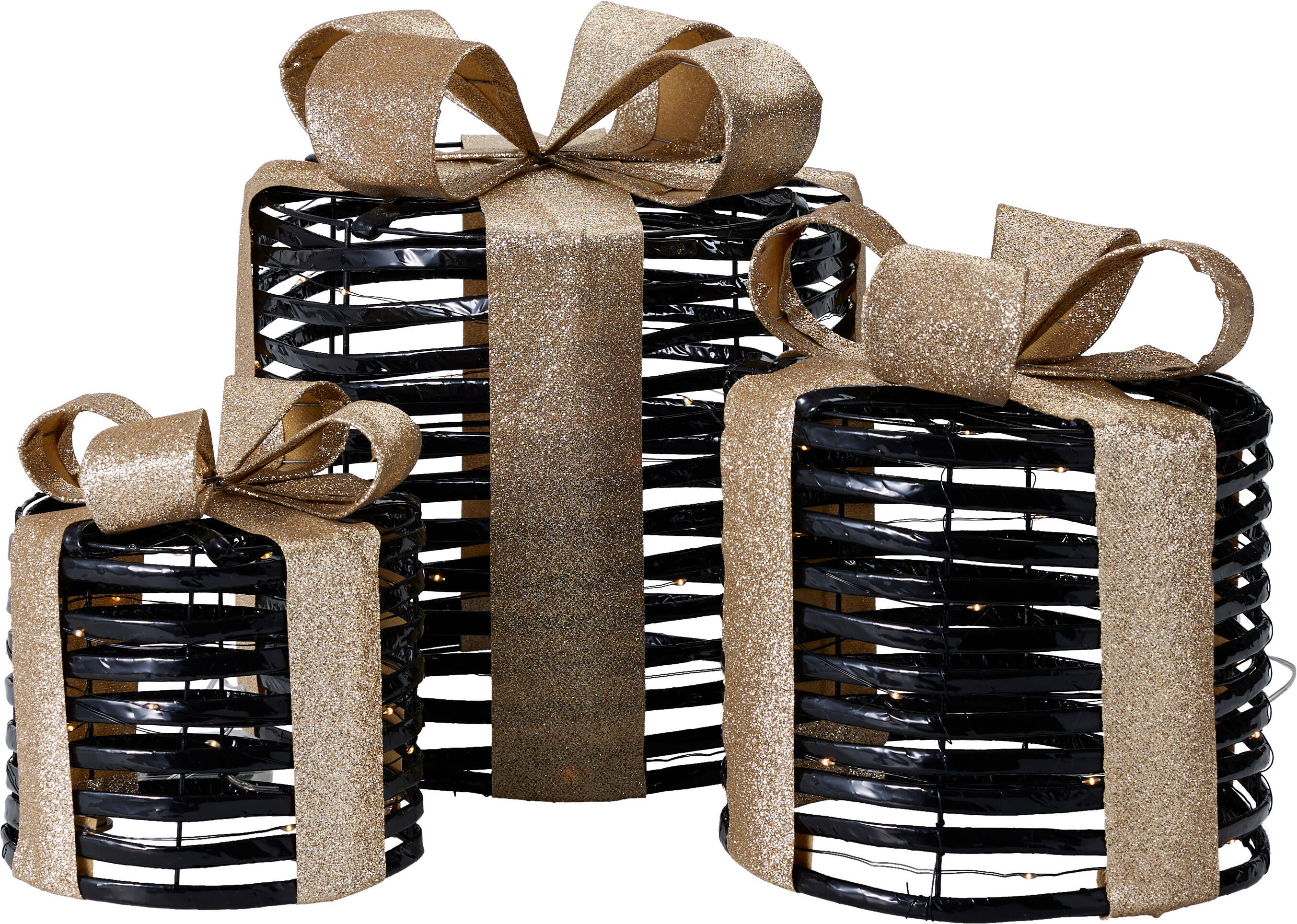 Set trei cutii de cadou rotunde negre cu fundite si iluminare LED pentru Craciun