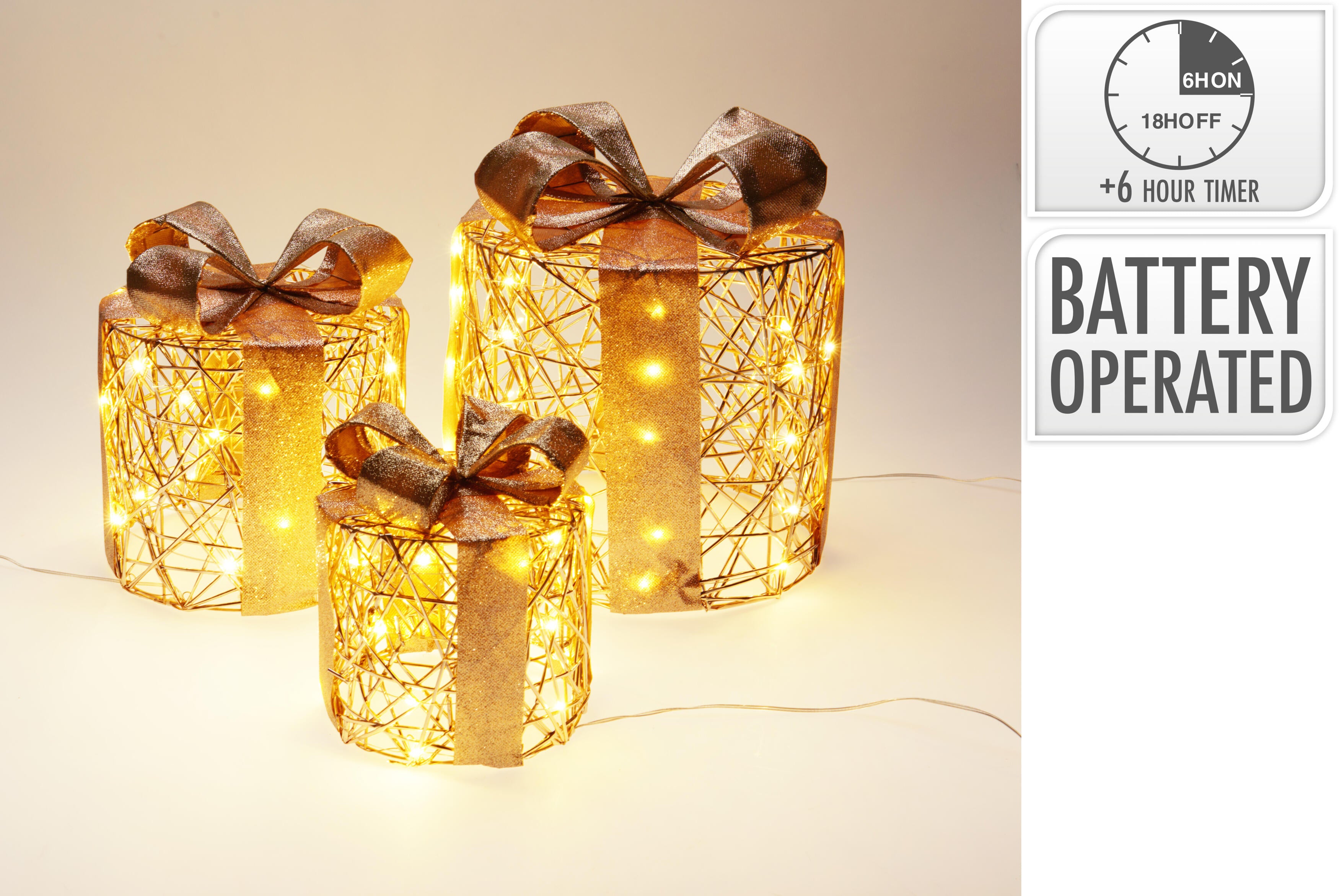 Set 3 decoratiuni luminoase, cutii cadouri rotunde, 30 cm