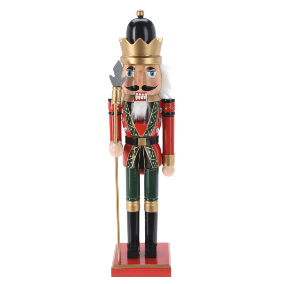 Spargator de nuci decorativ din lemn reprezentand un rege cu lance in haine festive multicolore