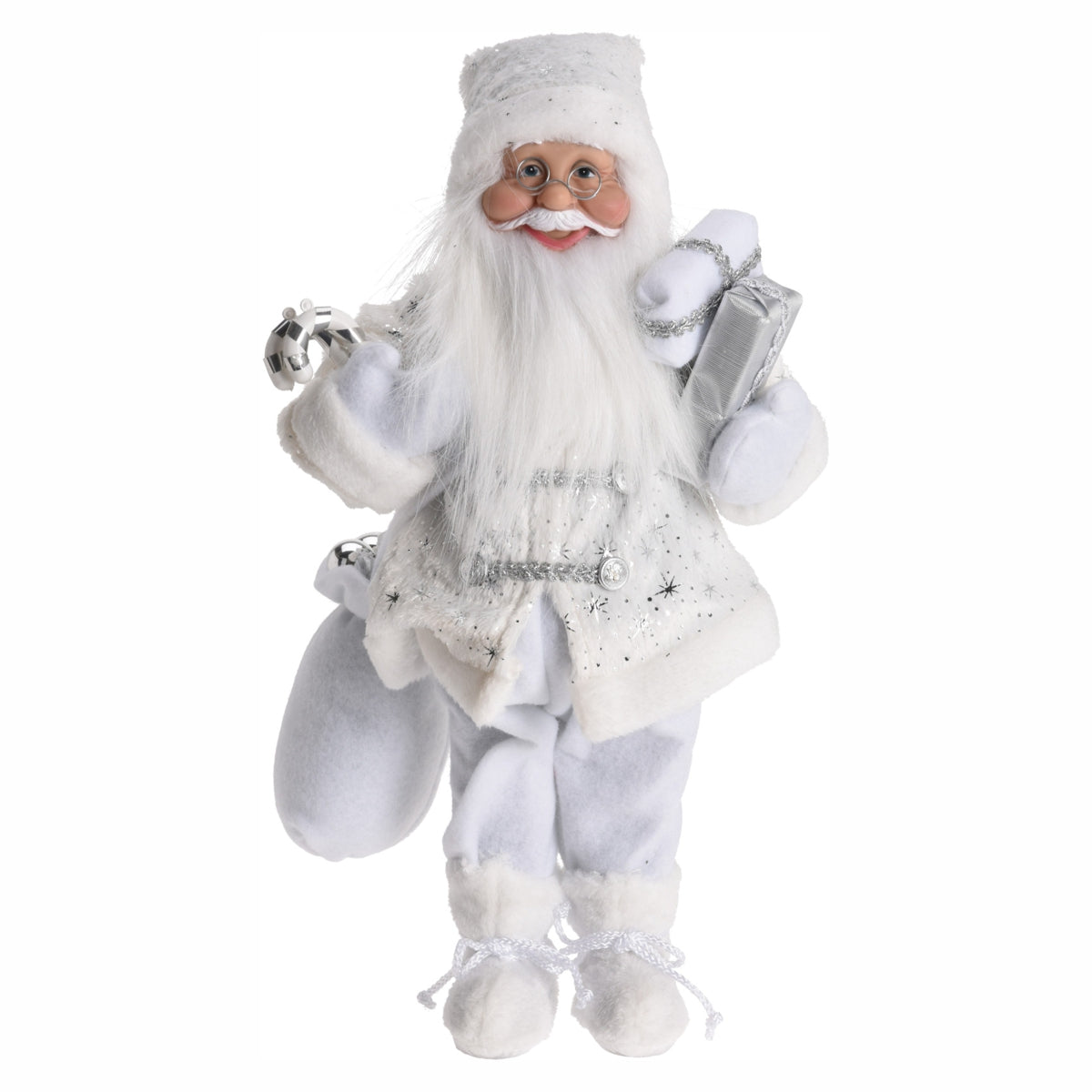 Decoratiune de Craciun reprezentand pe Mos Craciun imbracat in costum alb de inaltime treizeci si sapte centimetri