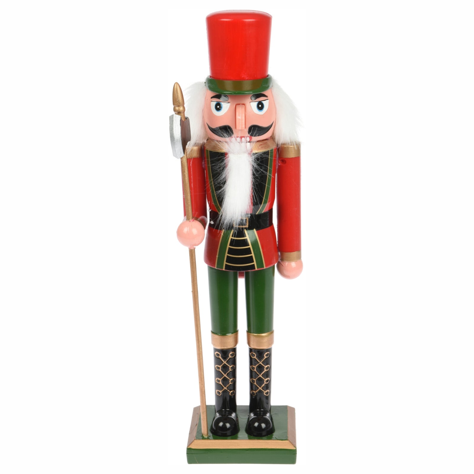 Figurina decorativa de Craciun spargator de nuci ofiter in uniforma rosu cu verde din plastic inaltime treizeci si opt centimetri